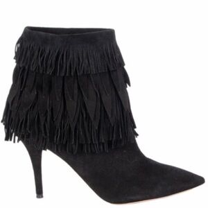 Aquazzura Sasha Black Suede Fringe Heeled Bootie size 37 / 7
